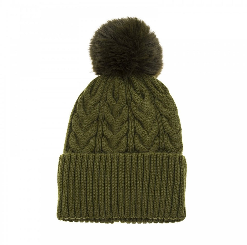 Olive Green Cable Knit Pom Pom Hat