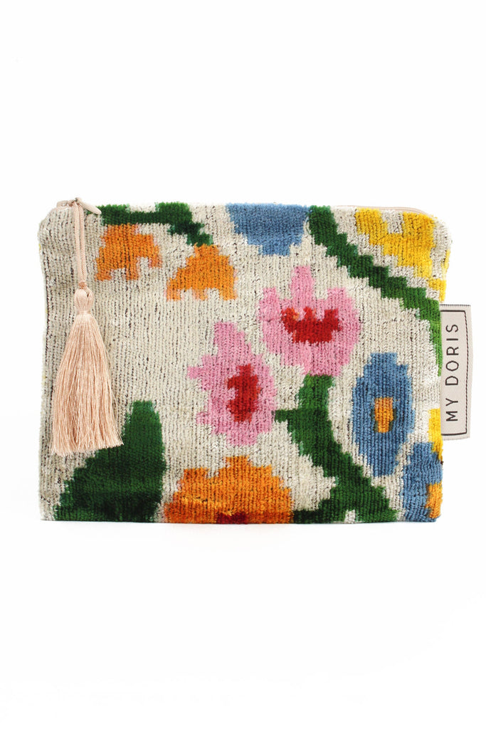 Cream Floral Medium Silk Velvet Pouch