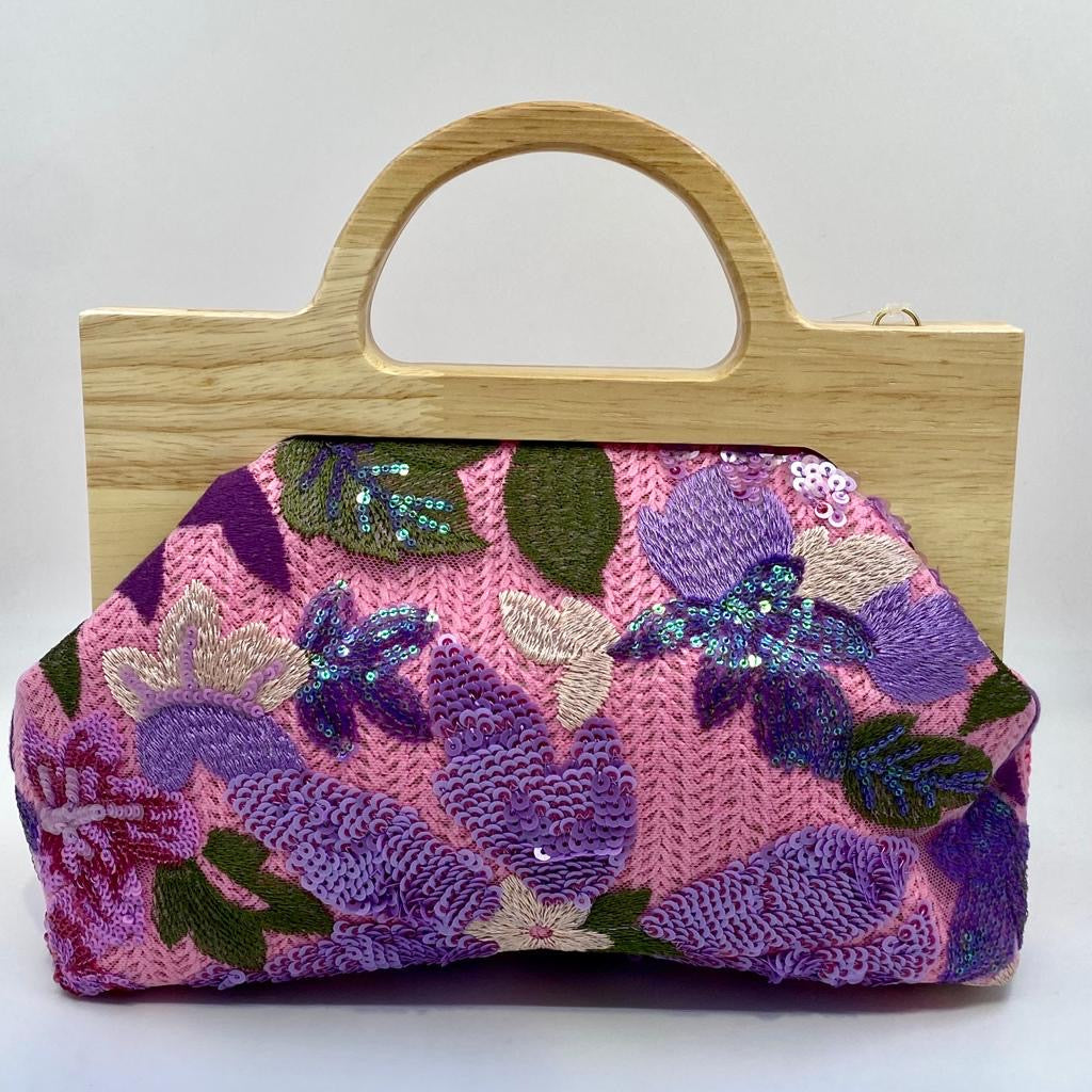 Pink Embroidered Wooden Handle Bag