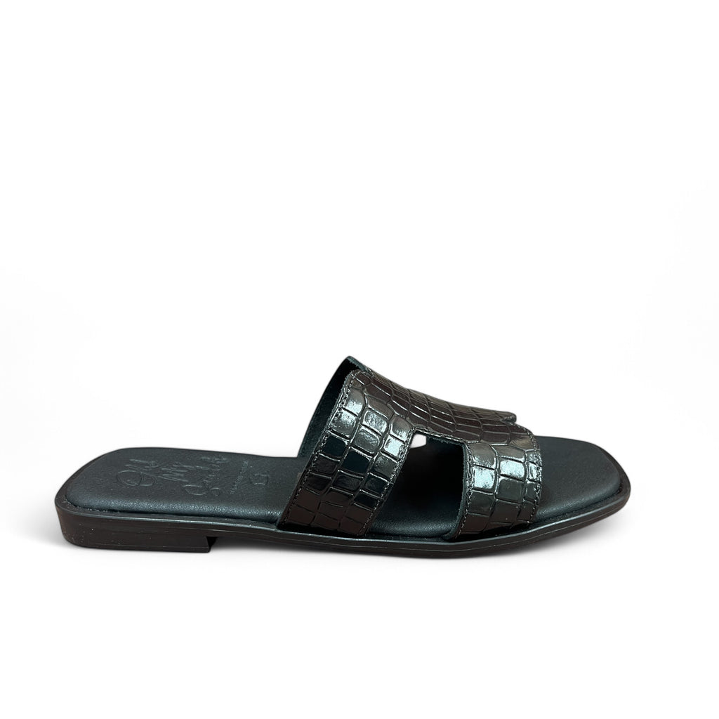 Oh My Sandal Black Croc Leather Print Mules