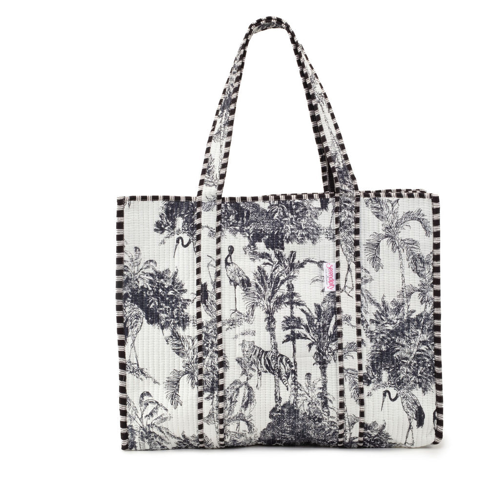 Serendipity Black & White Crane Quilted Cotton Tote Bag