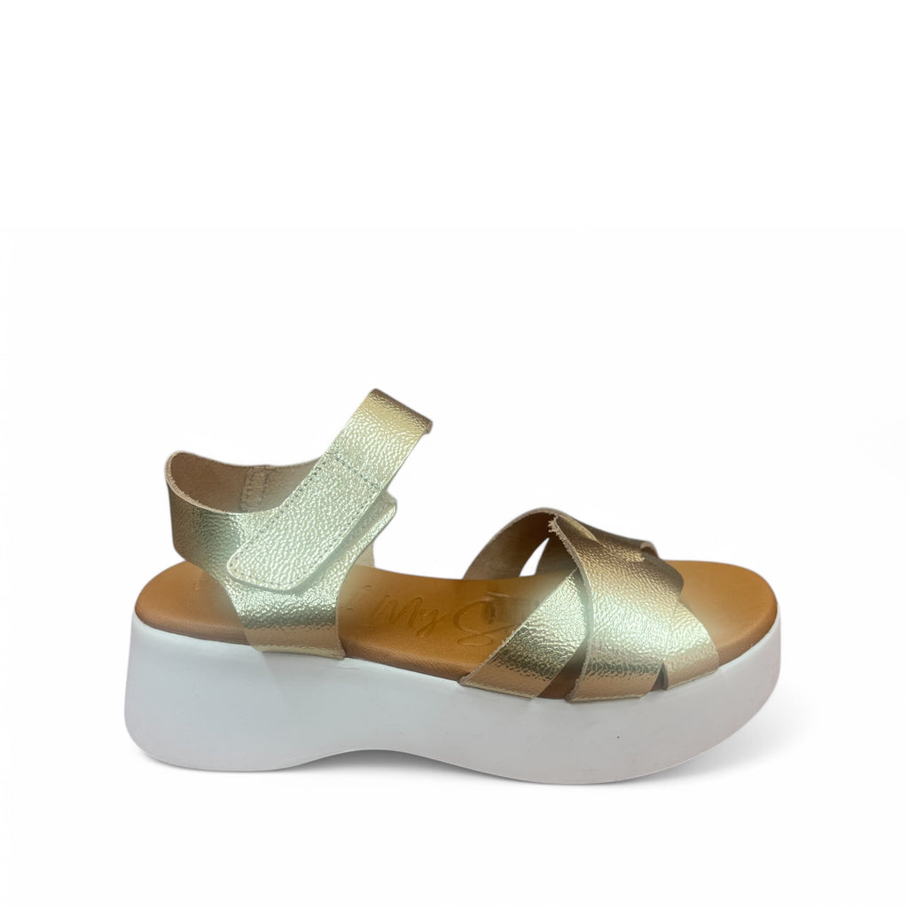 Oh My Sandal Gold Leather Criss-Cross Sandals with Velcro Fastening