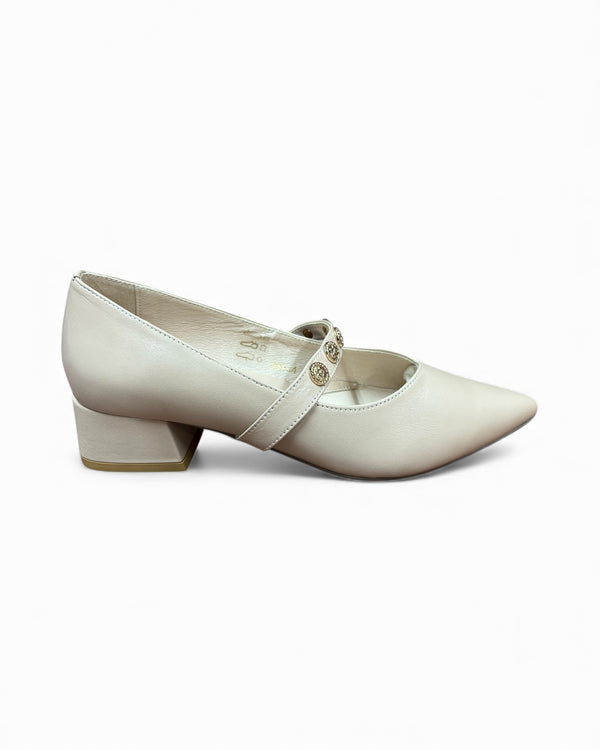 Emis Beige Leather Pointed Pumps with Embellished Strap