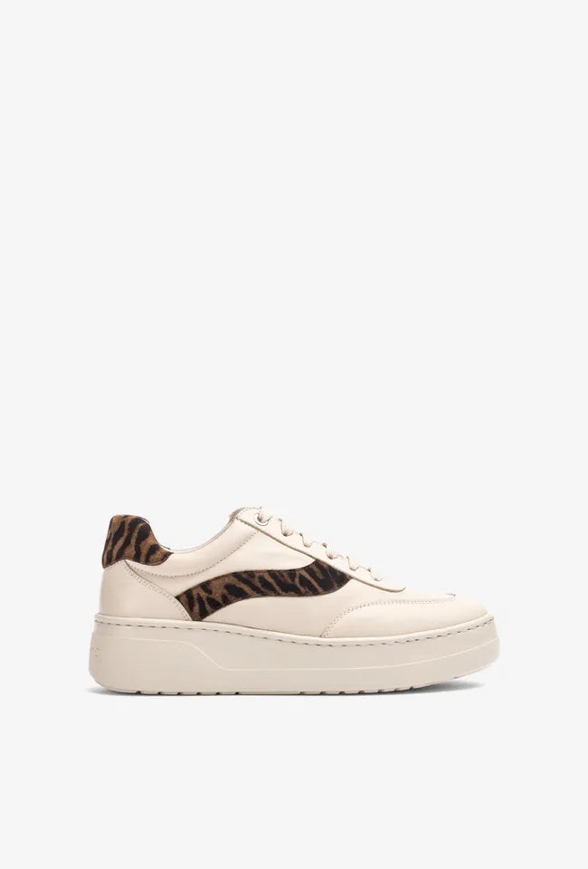 Unisa Fedy Ivory Leather Trainers with Suede Leopard Trim