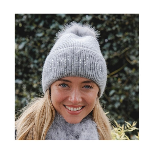 Soft Grey Embellished Pom Pom Hat