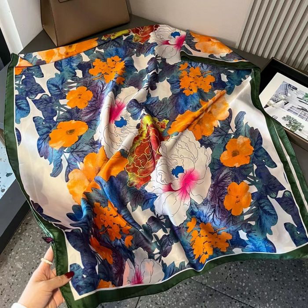 Painterly Floral Blue & Orange Silk Scarf