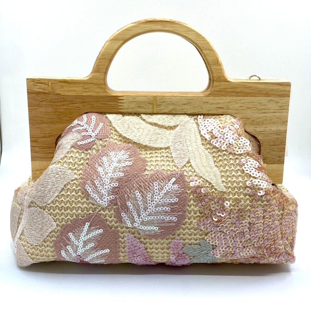 Beige Embroidered Wooden Handle Bag