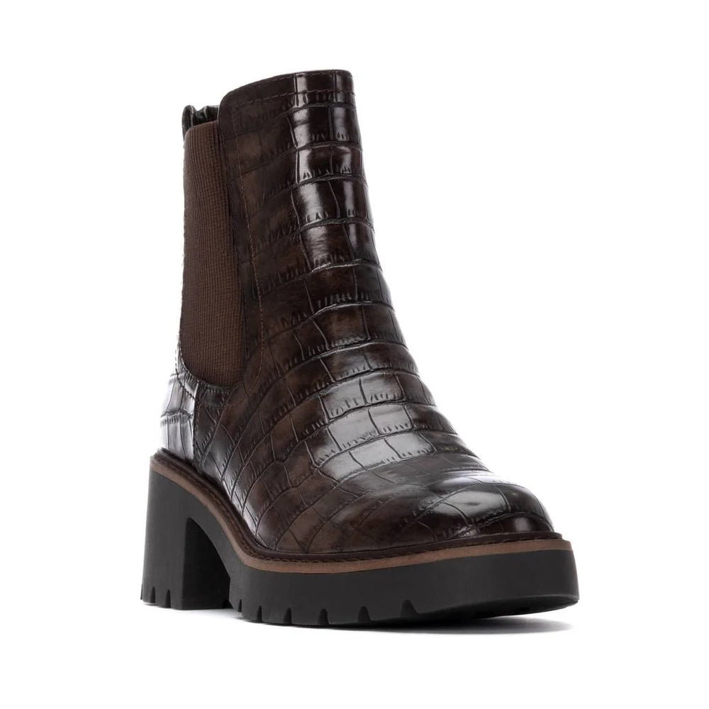 Carmela Brown Leather Croc Chunky Ankle Boots
