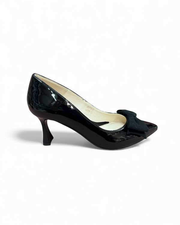 Emis Black Patent Pointed Court Shoe with Black Velvet Bow