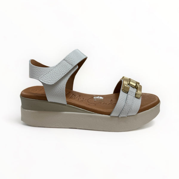 White Leather & Gold Buckle Wedge Sandal