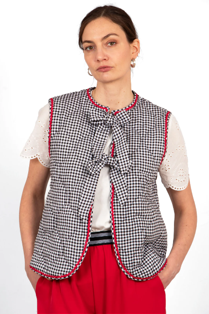 Noa Black White & Red Gingham Tie Front Waistcoat
