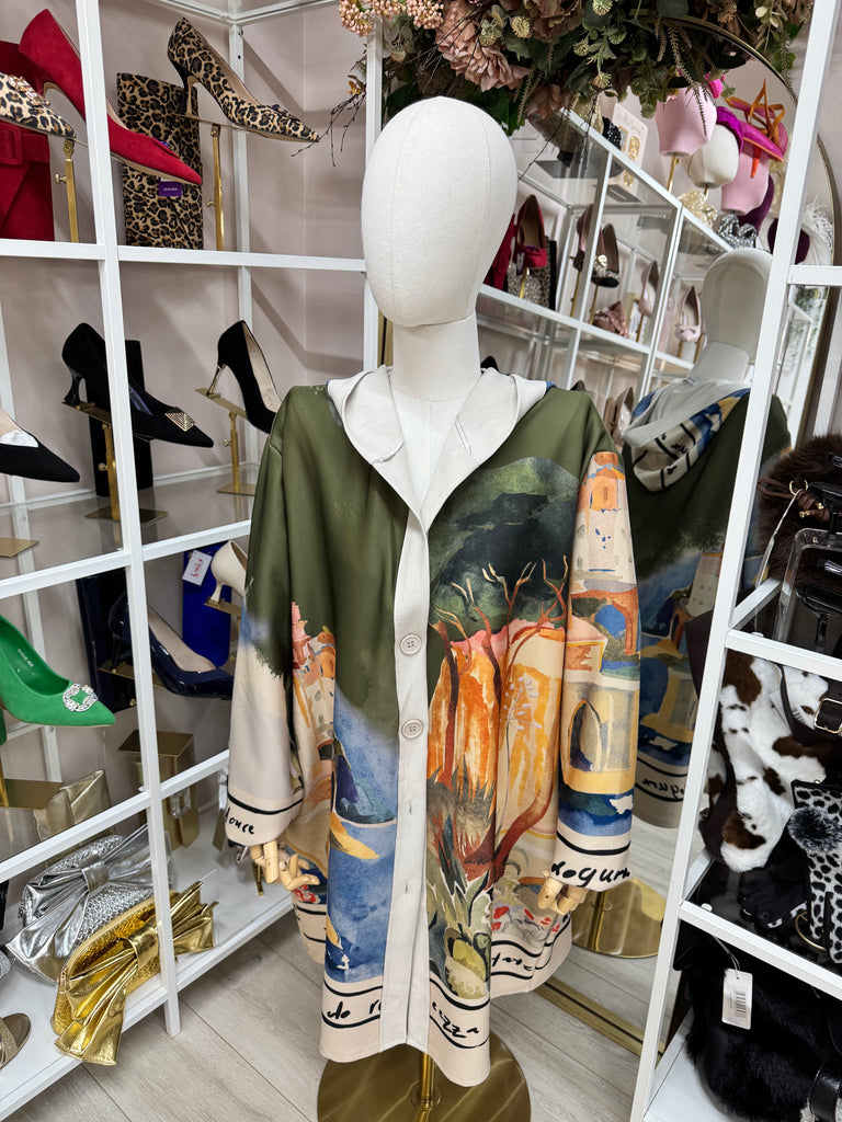 Beige & Green Print Hooded Coatigan