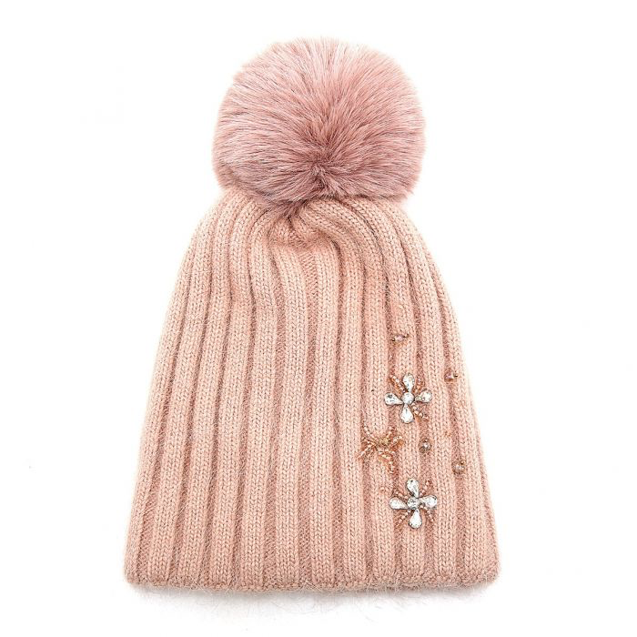 Blush Embellished Faux Fur Pom Pom Hat