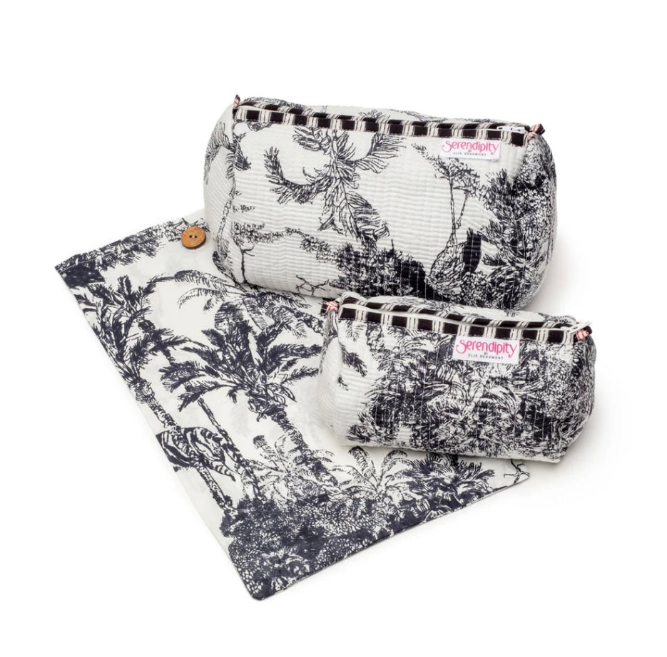 Black & White Crane Cotton Cosmetic Bag Set