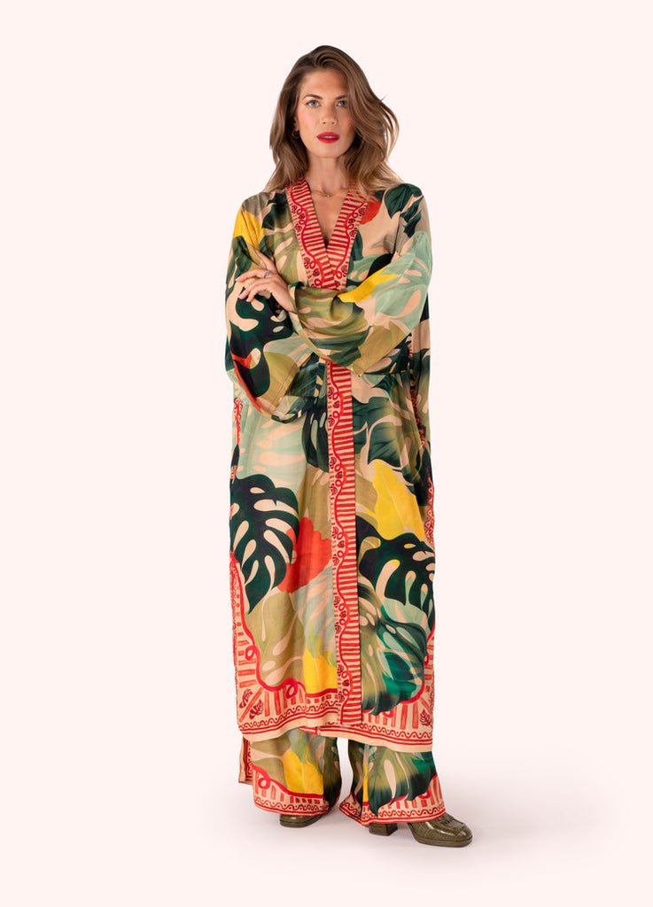 Powder Exotic Leaves Modal Cupro Long Kimono Gown