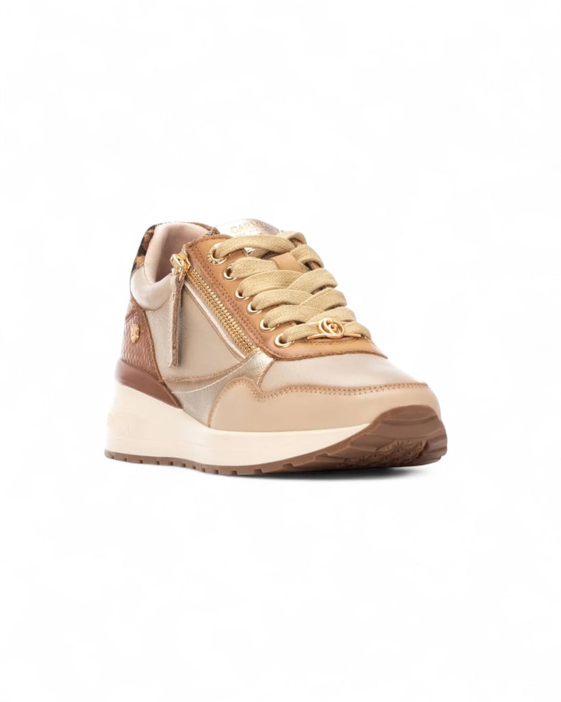 Carmela Beige Leather Wedge Trainers
