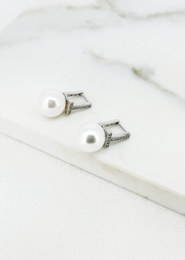 Silver Square Crystal & Pearl Drop Earrings