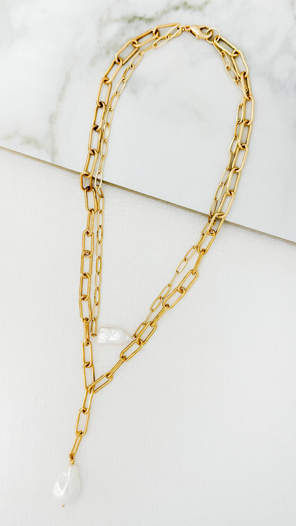 Gold Layered Chunky Chain Pearl Drop Necklace