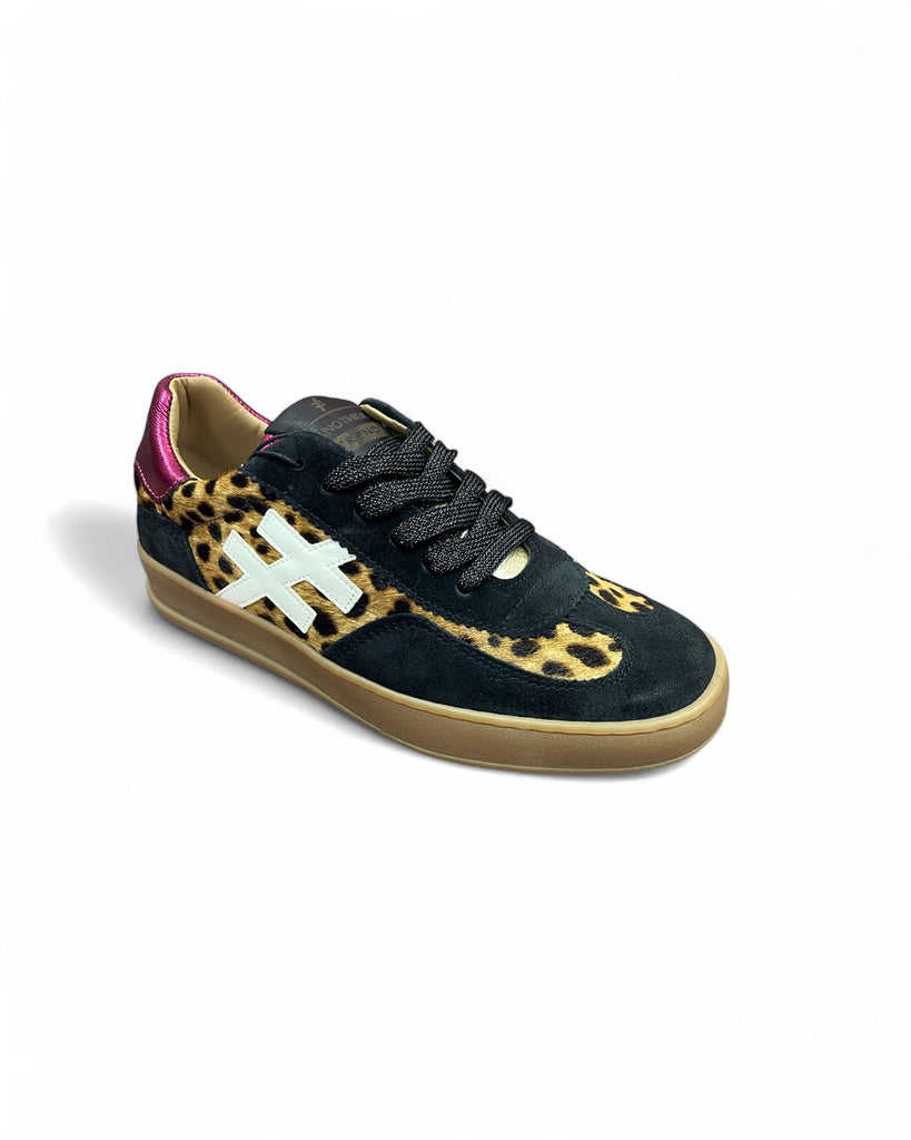 Another Trend Leopard & Black Pony Gum Sole Trainers with Metallic Pink