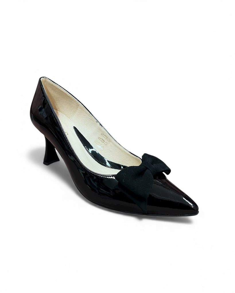 Emis Black Patent Pointed Court Shoe with Black Velvet Bow