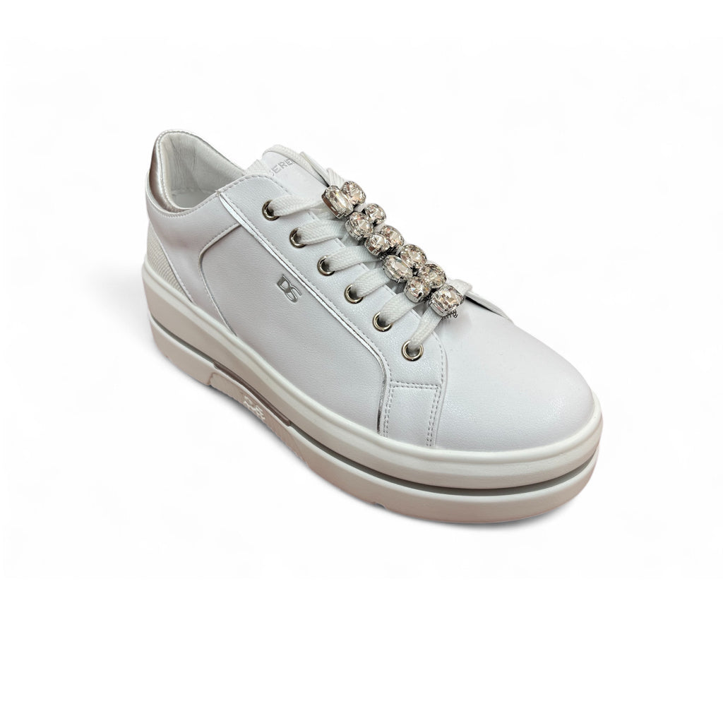 Donna Serena White & Silver Platform Trainers with Gems on Lace