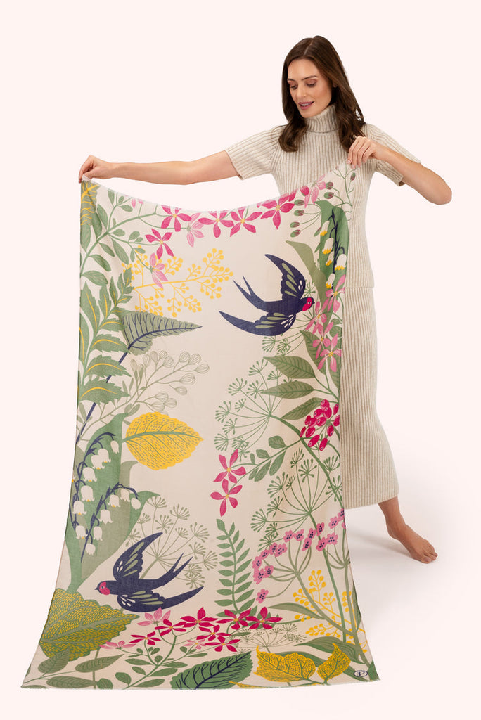 Powder Cream Swooping Swallows Floral Scarf