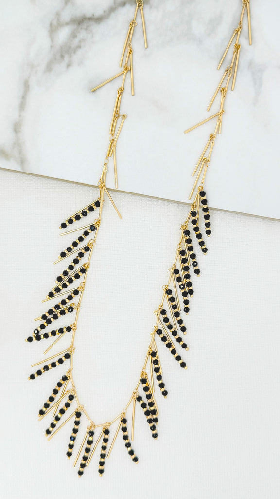 Gold & Black Crystal Fringed Long Necklace