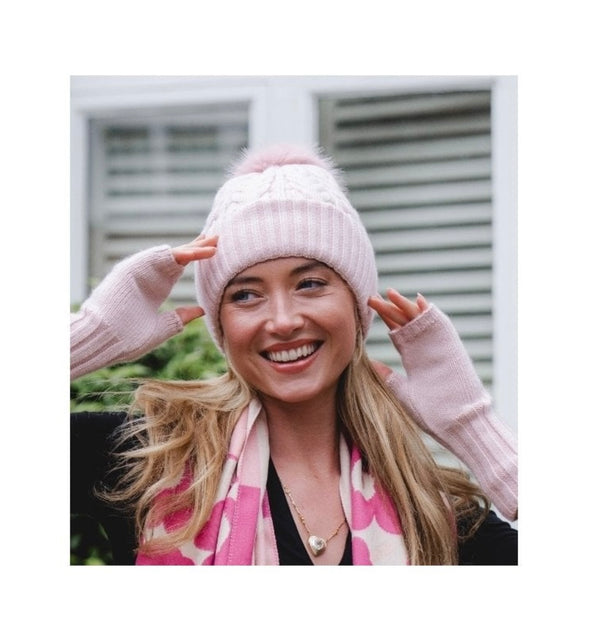 Pink Cable Knit Pom Pom Hat