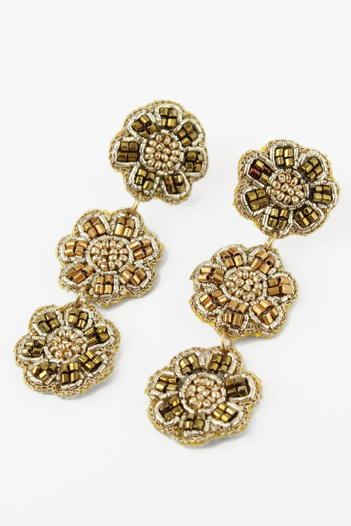 Gold Beaded Floral Drop Earrings
