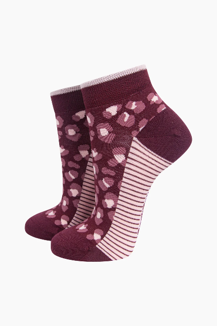 Burgundy Leopard Print Bamboo Trainer Socks
