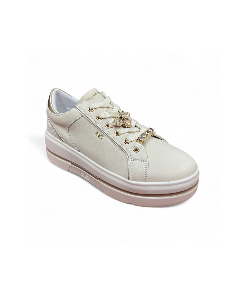 Donna Serena Light Beige Platform Trainers with Embellished Laces & Gold Detail