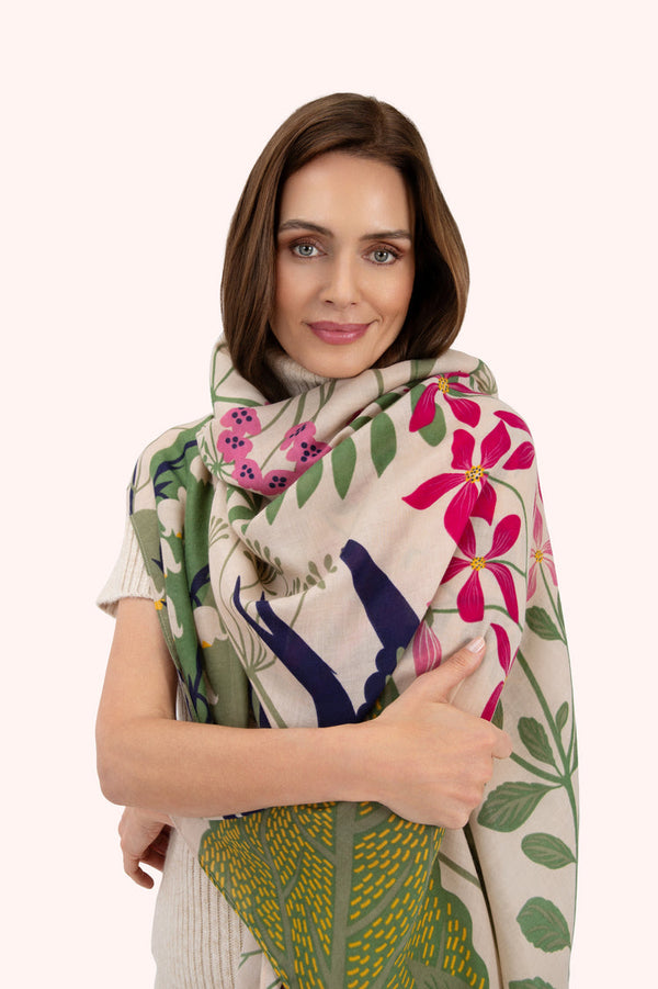 Powder Cream Swooping Swallows Floral Scarf