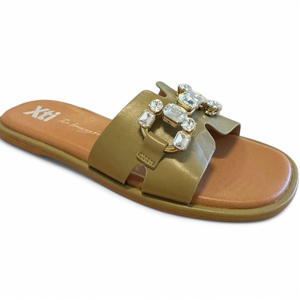 XTI Khaki Diamonte Embellished Sliders
