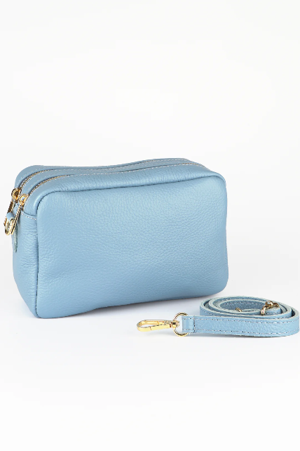 Azure Blue Italian Leather Double Section Crossbody Camera Bag