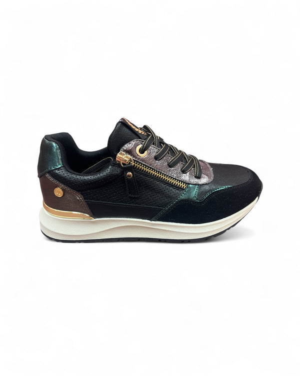 XTI Black Trainers with Metallic Dark Green & Pewter