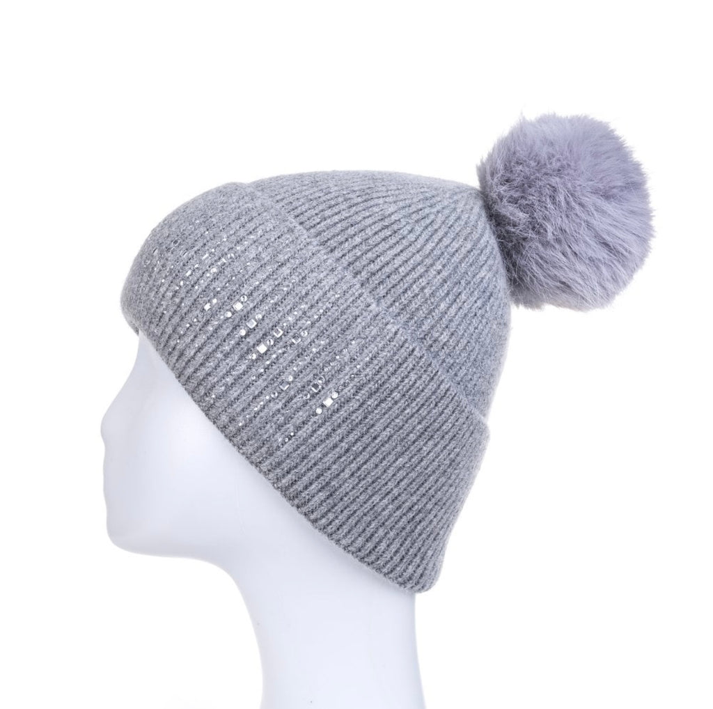 Soft Grey Embellished Pom Pom Hat