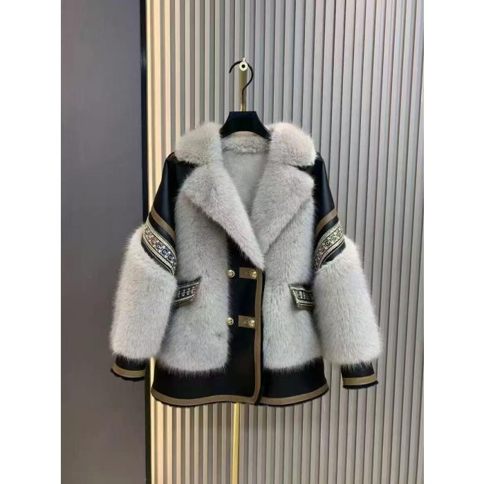 Beige Faux Fur Leather Trim Embroidered Jacket