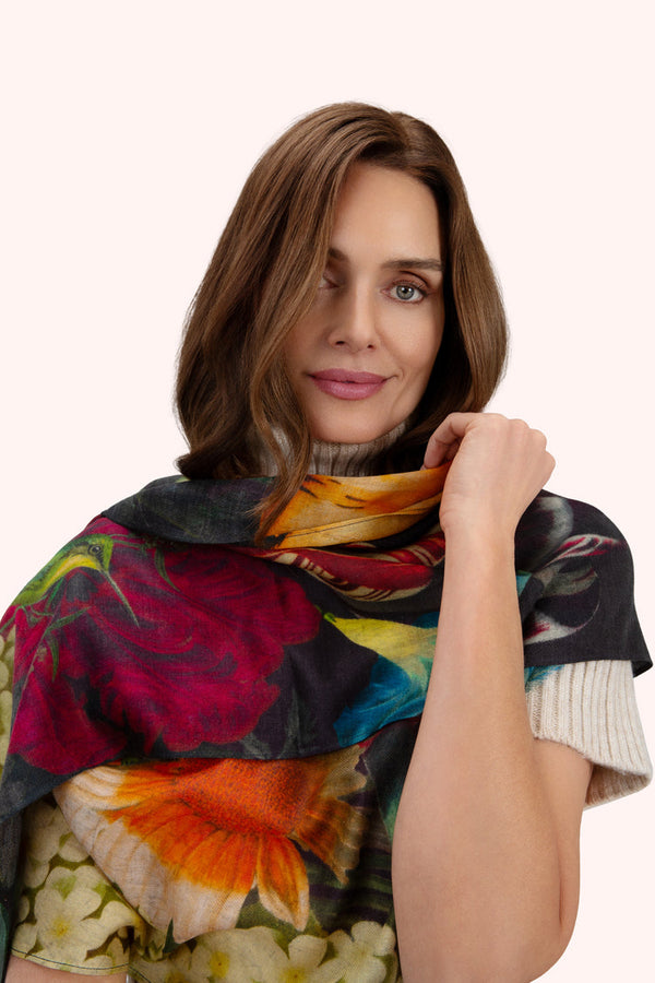 Powder Chocolate Opulant Florals Wool Wrap Scarf