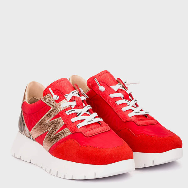 Wonders Red Leather Trainers with Leopard Heel A-24100