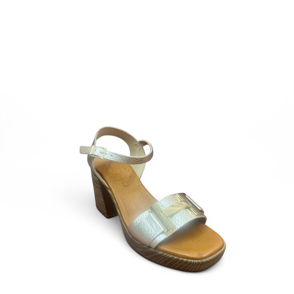 Oh My Sandal Champagne Leather Sandals with Chunky Tiger Heel