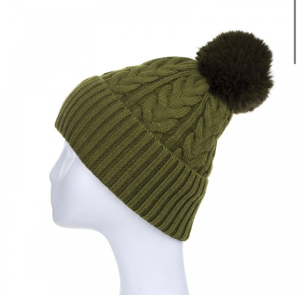 Olive Green Cable Knit Pom Pom Hat