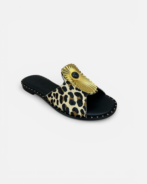 S. Piero Leopard Leather Sandal with Gold & Black Embellishment