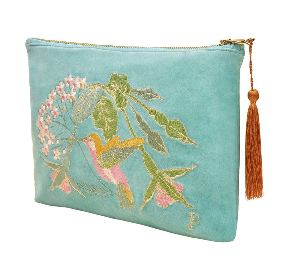 Powder Hummingbird Aqua Velvet Zip Pouch