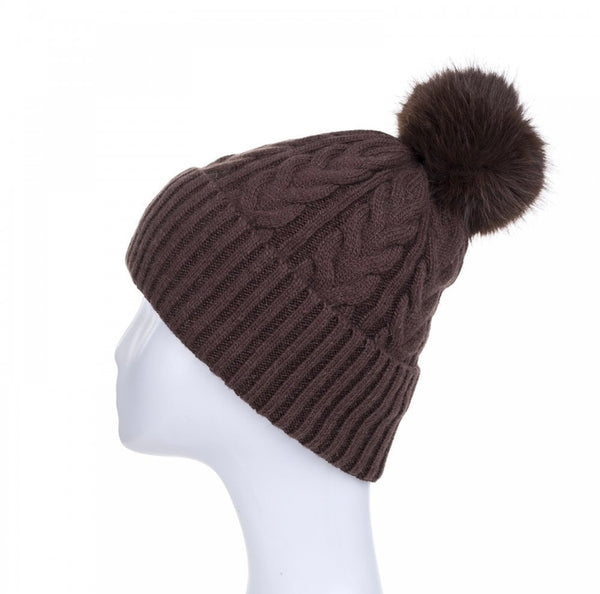 Chocolate Cable Knit Pom Pom Hat