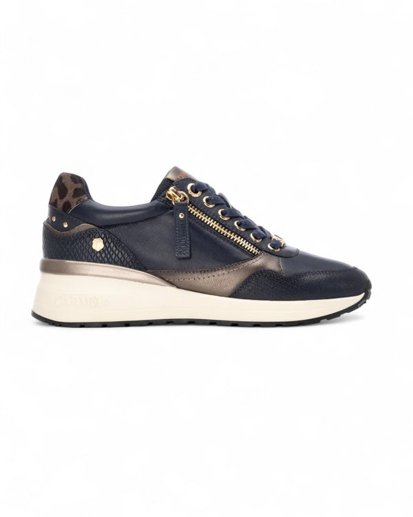 Carmela Navy Leather Wedge Trainers