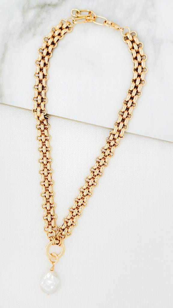 Gold Chunky Chain With Pearl Drop Necklace