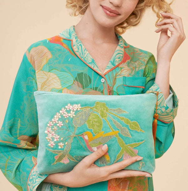 Powder Hummingbird Aqua Velvet Zip Pouch