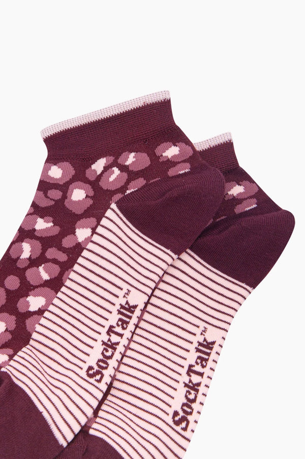 Burgundy Leopard Print Bamboo Trainer Socks