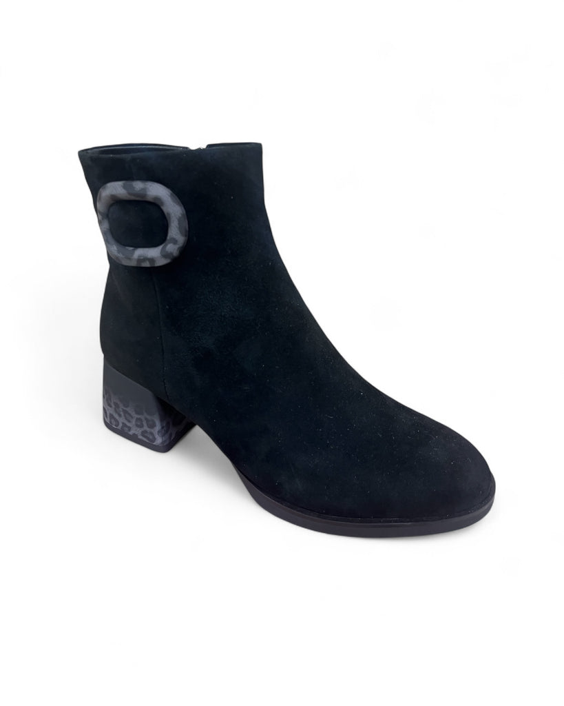 Loretta Vitale C3852 Black Suede Boots with Leopard Buckle & Heel