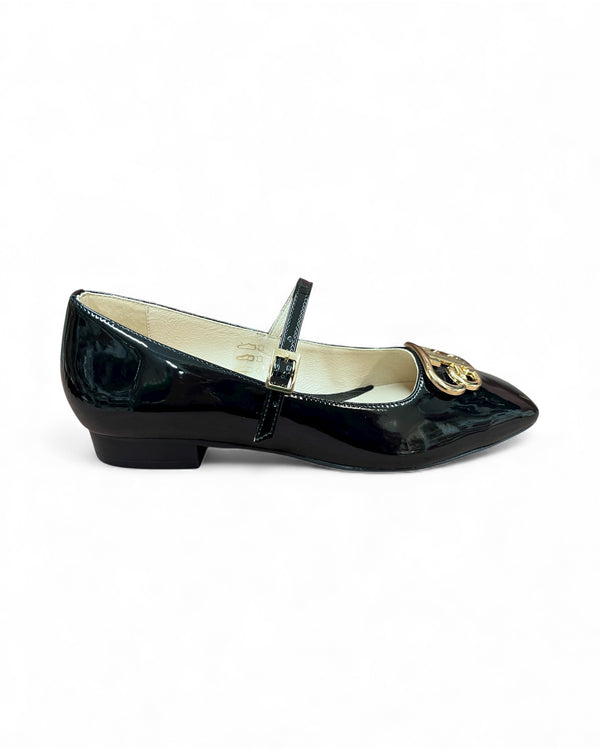 Emis Black Patent Mary-Jane Pumps with Gold Detail
